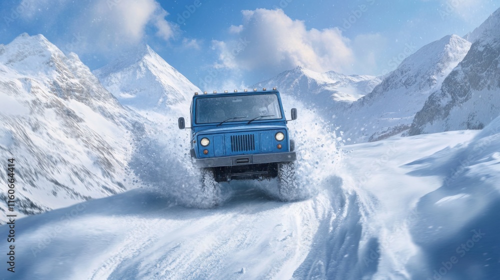 an off-road truck racing through a snowy mountain trail, snow spraying from its tires an off-road truck racing through a snowy mountain trail, snow spraying from its tires