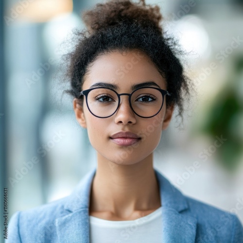 A professional woman wearing glasses and a blue blazer, suitable for business or formal occasions