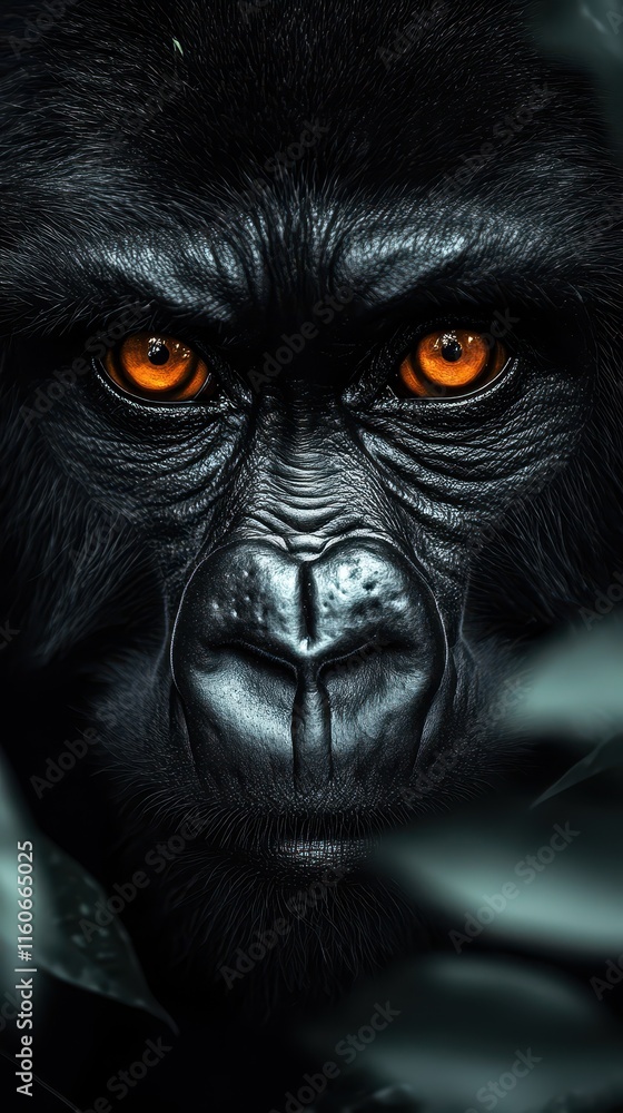 Gorilla with striking yellow eyes observes its surroundings in a dense jungle environment Gorilla with striking yellow eyes observes its surroundings in a dense jungle environment