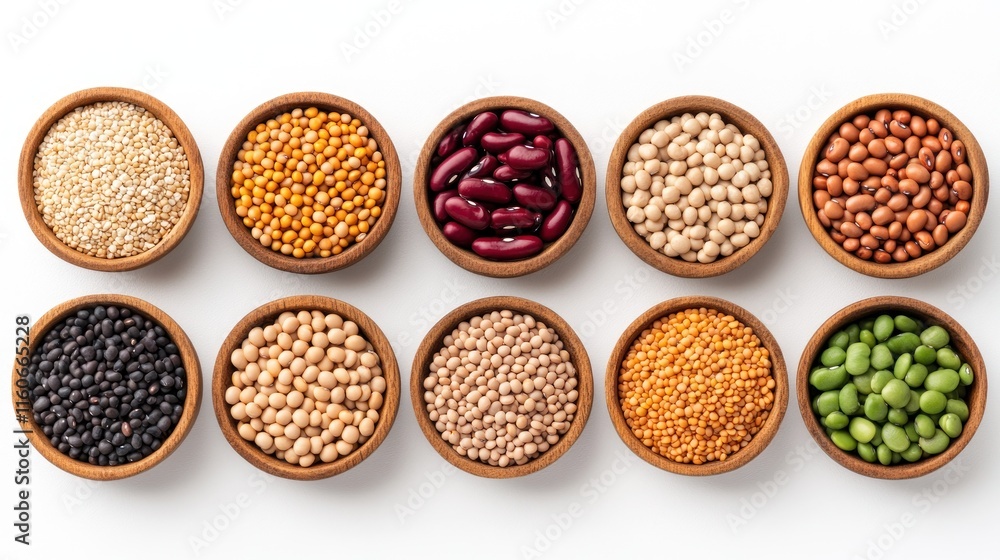 Assorted legumes and grains in wooden bowls on a white background. Assorted legumes and grains in wooden bowls on a white background.