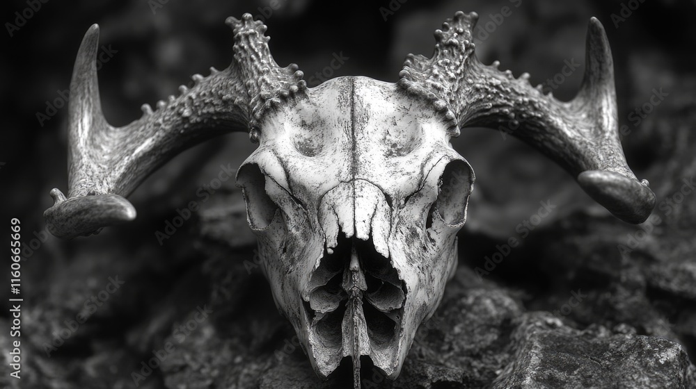 Fototapeta premium A close-up of a deer skull with a natural, black and white aesthetic