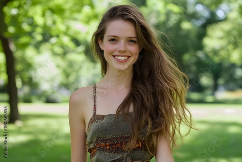 Happy girl long hair flows outdoors nature.