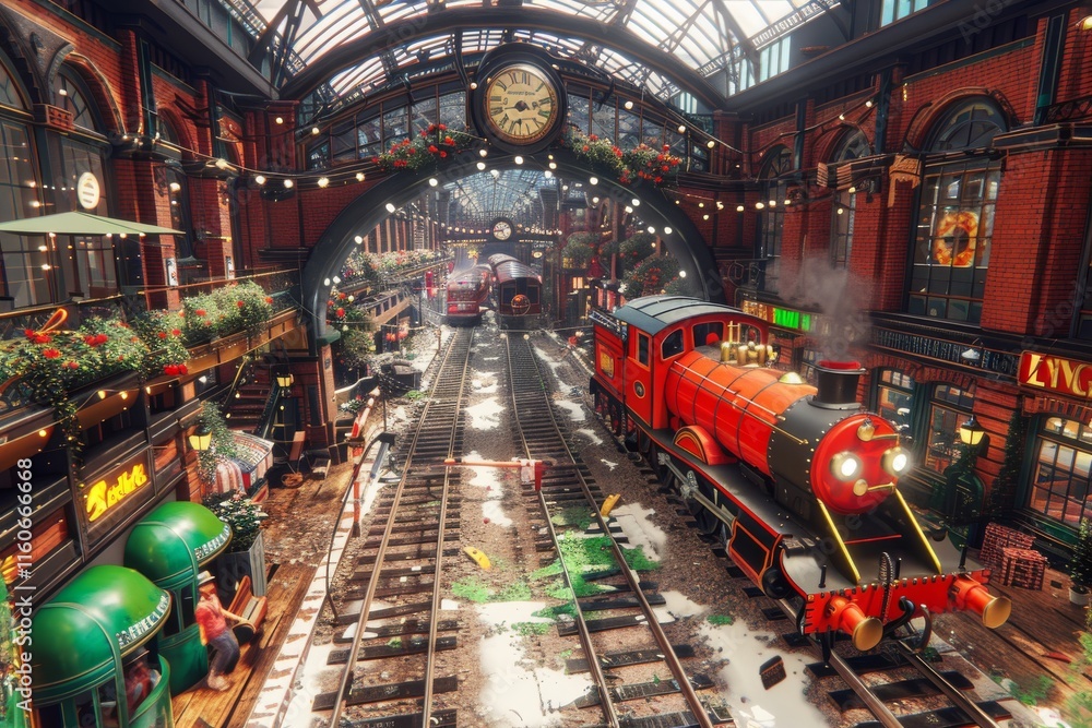 Obraz premium Vibrant railway station bustling with activity and charm in a lively urban setting during daytime