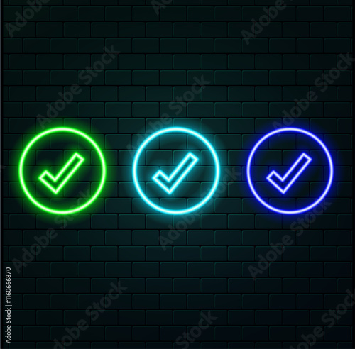Glowing neon light Check mark icon and tick mark icon. Selected or correct symbol. blue color.
