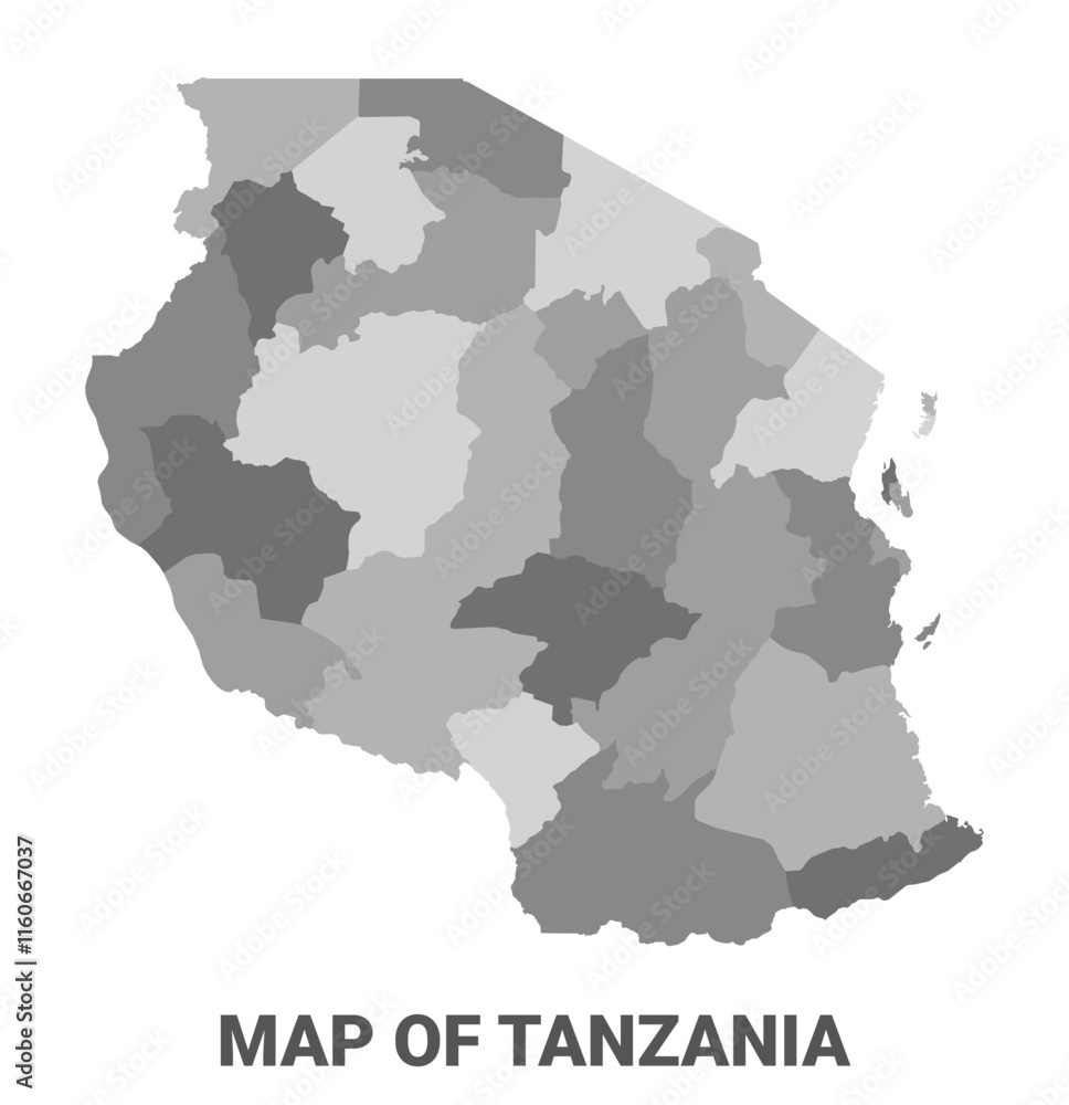 Tanzania Greyscale political map simple flat illustration Tanzania Greyscale political map simple flat illustration