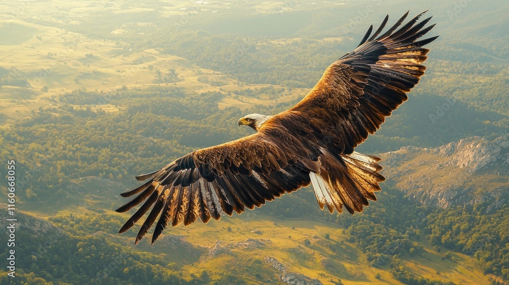 Majestic Eagle in Flight Over Lush Green Landscape show freedom concept Majestic Eagle in Flight Over Lush Green Landscape show freedom concept