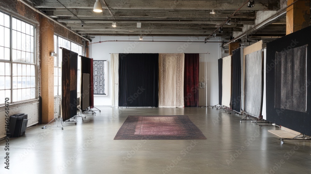 Spacious industrial studio with various backdrops and rug. Spacious industrial studio with various backdrops and rug.