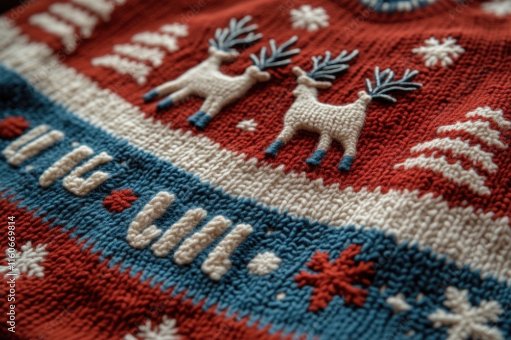 A colorful knitted sweater featuring a reindeer and snowflakes A colorful knitted sweater featuring a reindeer and snowflakes
