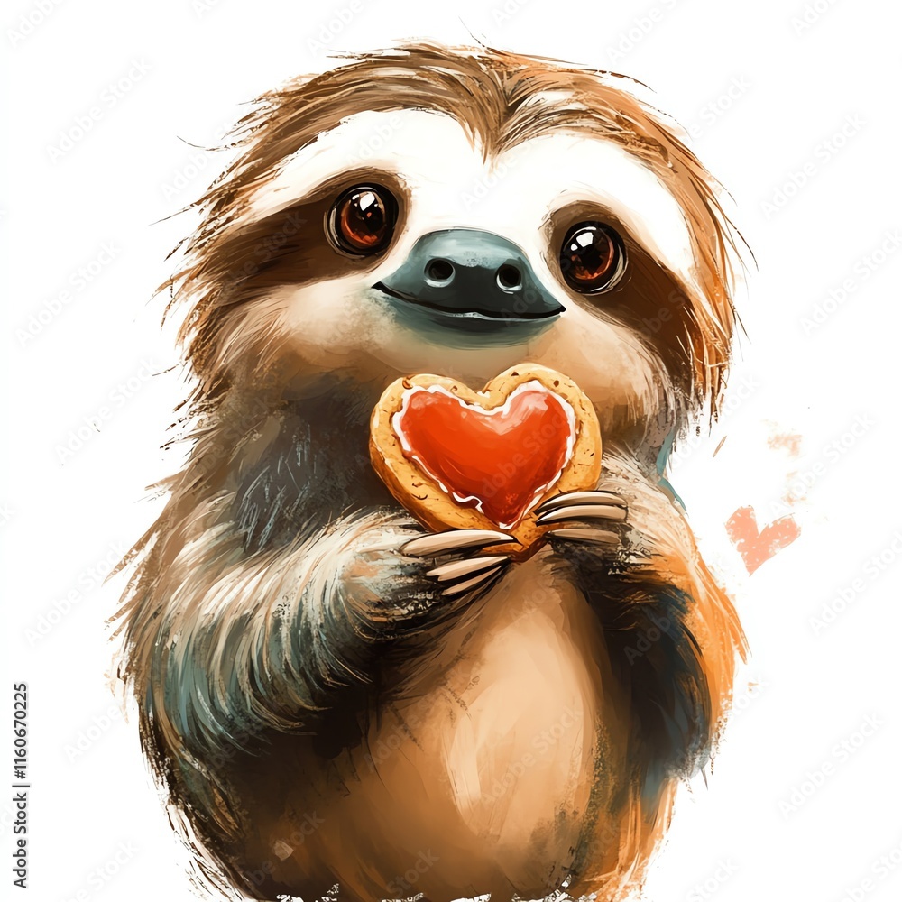 Obraz premium Cute sloth holding a heart-shaped cookie, radiating joy and warmth.