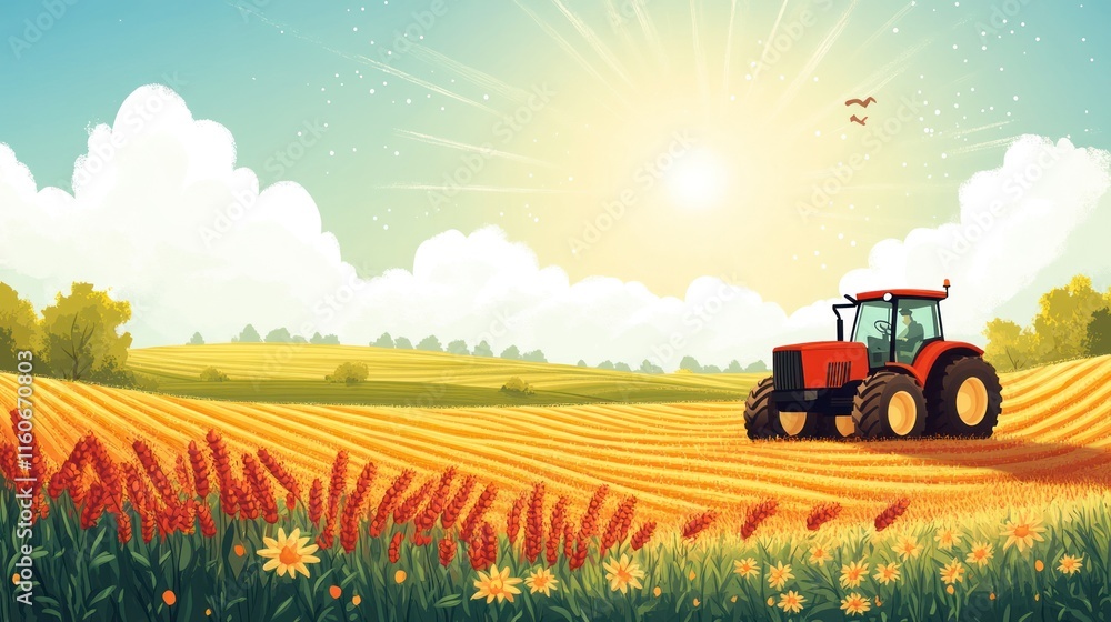 Fototapeta premium Sunny day on a farm with a red tractor in a golden field.