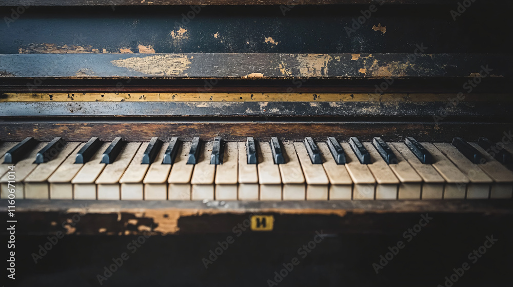 A neglected piano against peeling walls, dim light reflecting off its dusty keys in a dark room. A neglected piano against peeling walls, dim light reflecting off its dusty keys in a dark room.