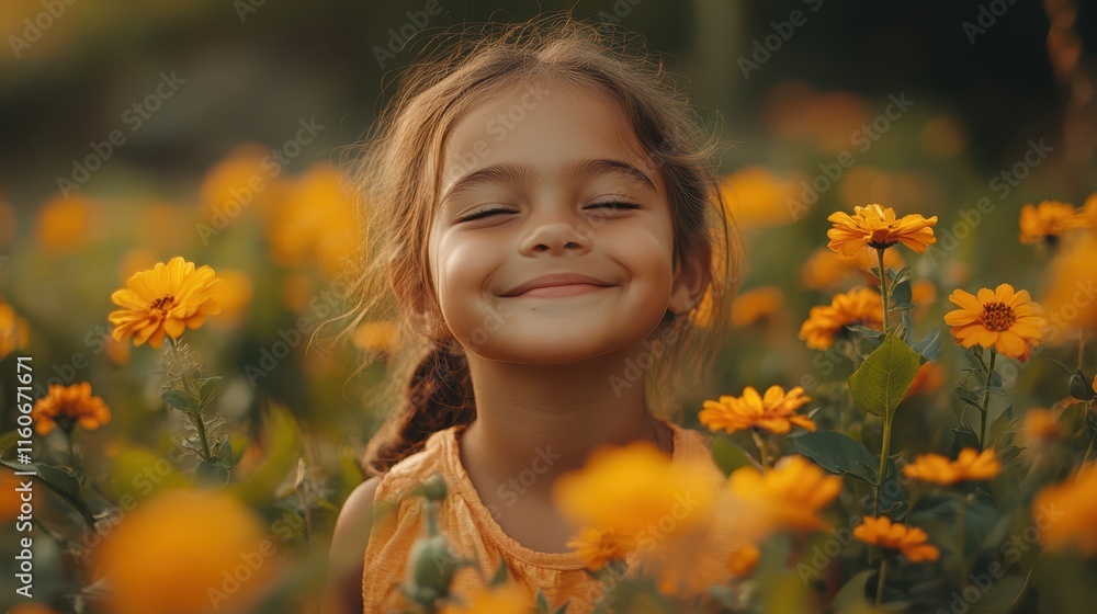 Happy girl playing in a vibrant flower field on a sunny day