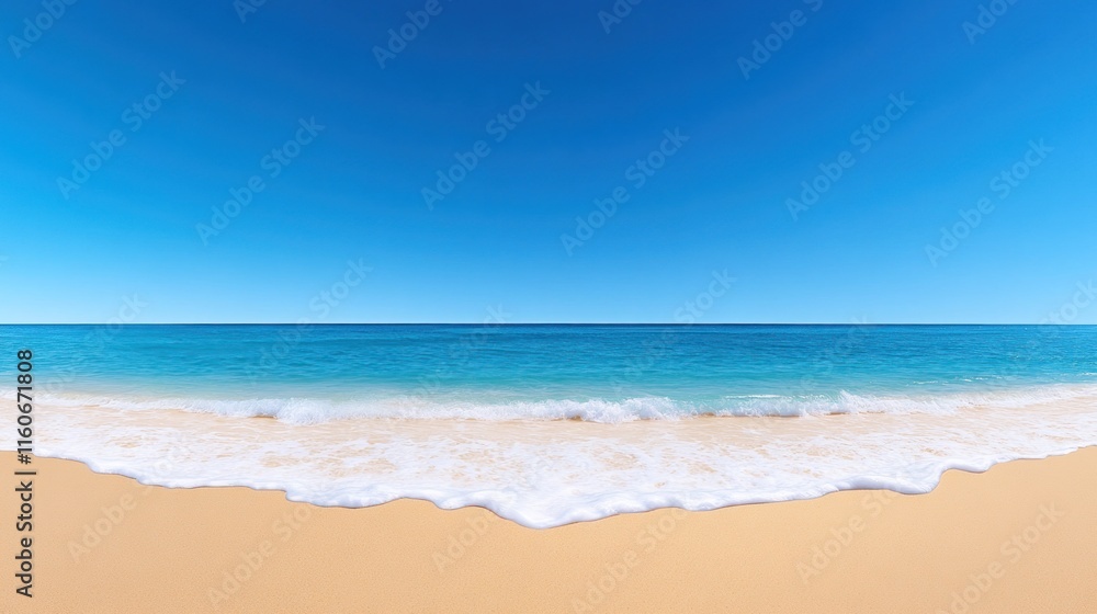 Serene beach scene with clear blue sky and gentle waves. Serene beach scene with clear blue sky and gentle waves.