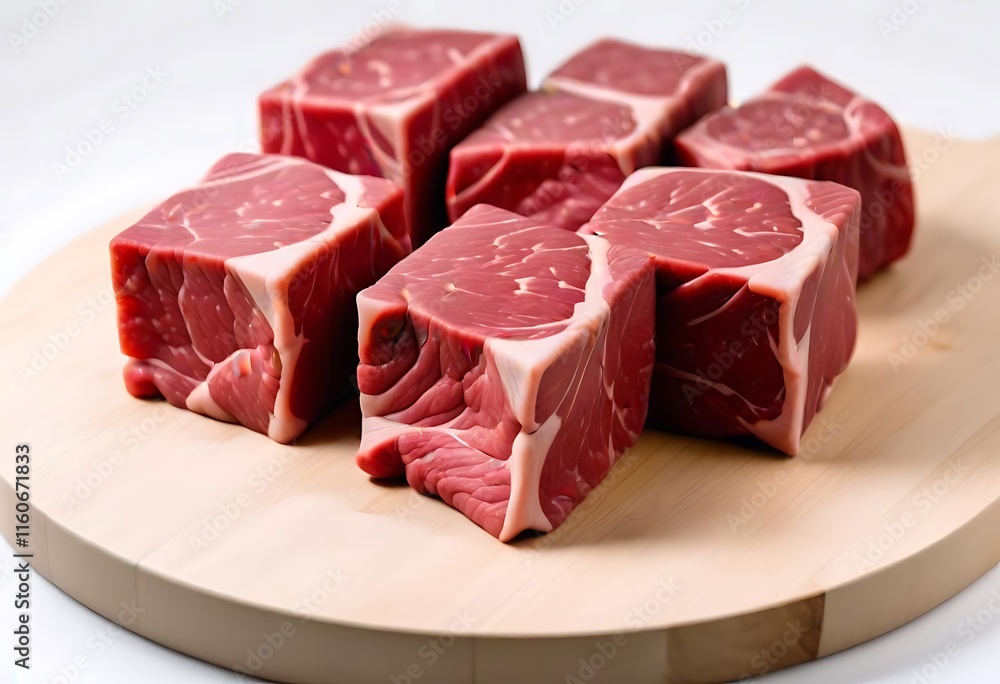 Fototapeta premium Fresh raw beef slices for goulash on wooden kitchen cutting board