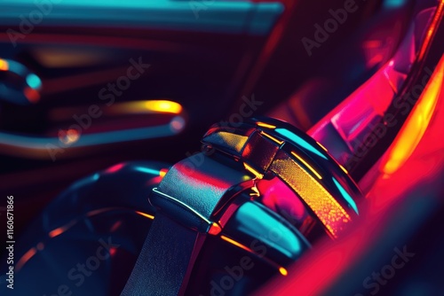 A close-up view of a seat belt in a car, suitable for use in automotive or transportation-related projects photo