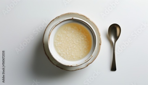 Top View of Traditional Korean Makgeolli Rice Wine in Bowl with Spoon on White Background