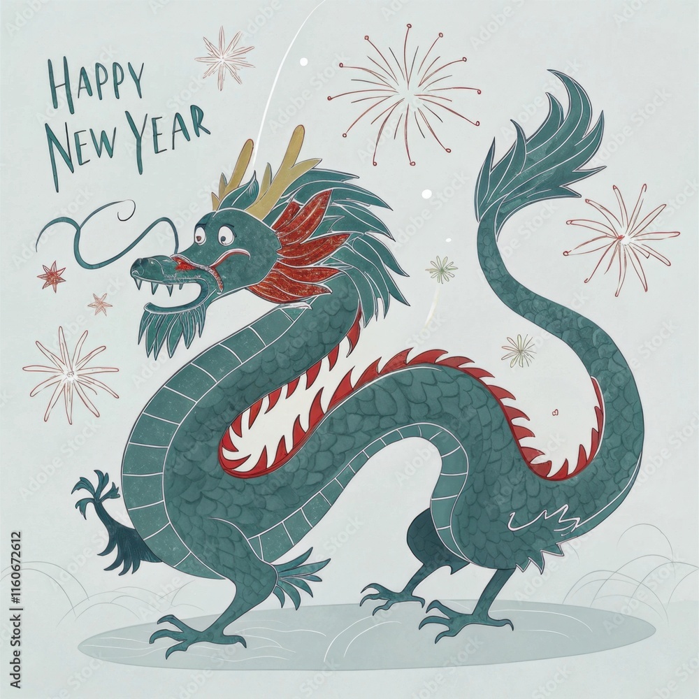 A festive illustration of a dragon celebrating the New Year, surrounded by fireworks and joyful text, embodying cultural significance and festive spirit. A festive illustration of a dragon celebrating the New Year, surrounded by fireworks and joyful text, embodying cultural significance and festive spirit.