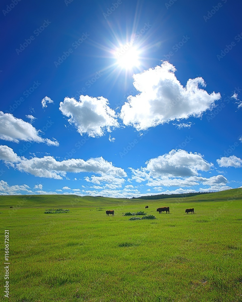 A vibrant landscape featuring cows grazing under a bright sun and fluffy clouds. A vibrant landscape featuring cows grazing under a bright sun and fluffy clouds.