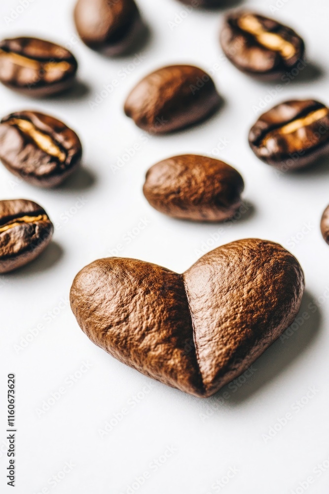 A creative arrangement of coffee beans forms a heart shape on a white background A creative arrangement of coffee beans forms a heart shape on a white background