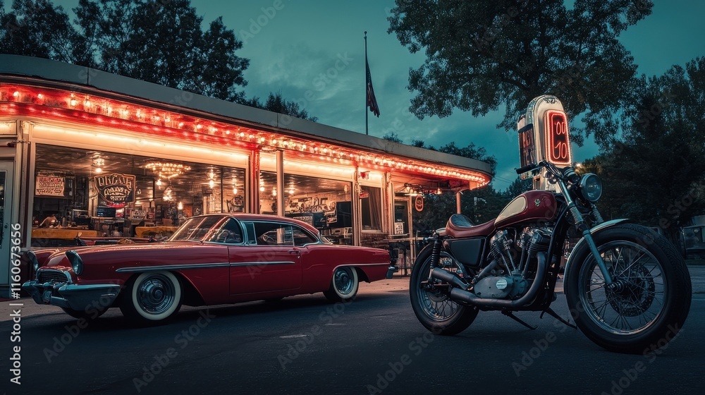 Fototapeta premium Vintage diner scene with classic car and motorcycle at dusk highlighting retro Americana charm