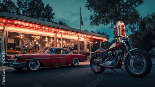 Vintage diner scene with classic car and motorcycle at dusk highlighting retro Americana charm