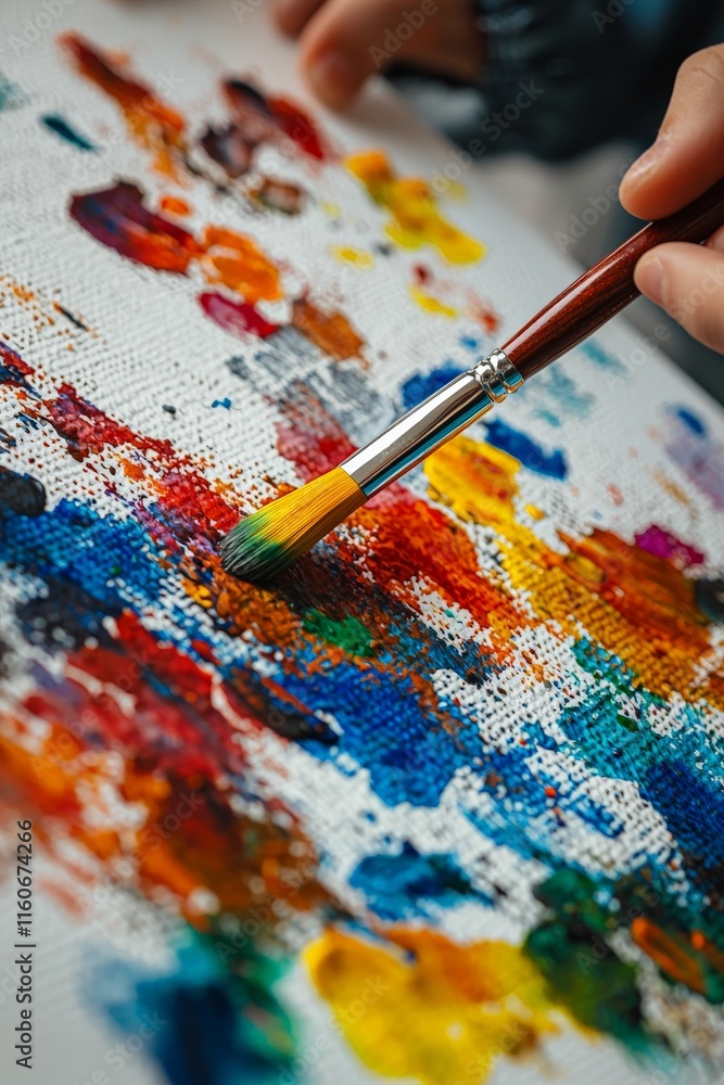 Small hands holding a brush dripping with vibrant watercolor paint, blending colors on a white sheet of paper Small hands holding a brush dripping with vibrant watercolor paint, blending colors on a white sheet of paper