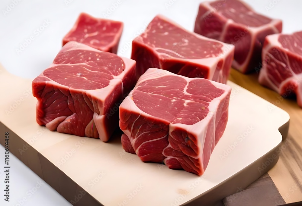Fresh raw beef slices for goulash on wooden kitchen cutting board Fresh raw beef slices for goulash on wooden kitchen cutting board