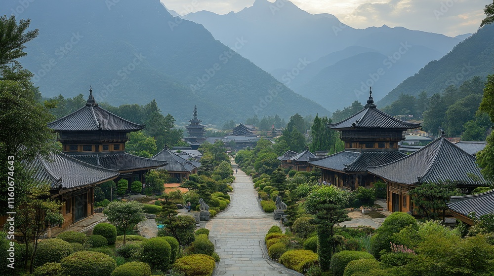 Serene mountain temple complex path, traditional Asian architecture, lush greenery, misty mountains.