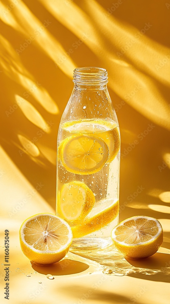 A beautiful stylish glass bottle filled with lemon detox and fresh lemon slices, a refreshing and healthy drink A beautiful stylish glass bottle filled with lemon detox and fresh lemon slices, a refreshing and healthy drink