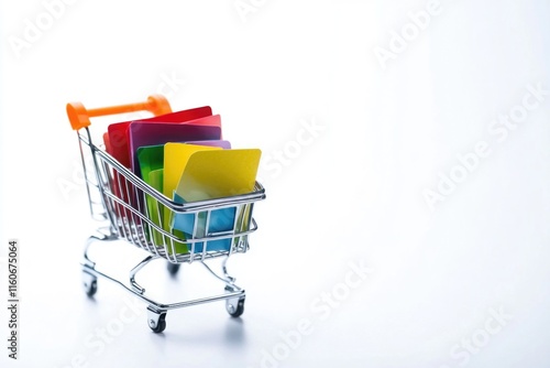 Assorted colorful folders in a shopping cart, perfect for organizing and categorizing files and documents photo