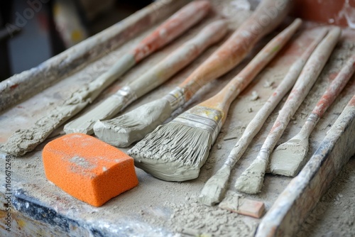 Wallpaper Mural Crafting tools and materials displayed on a workspace with pottery and brushes in a creative studio environment Torontodigital.ca