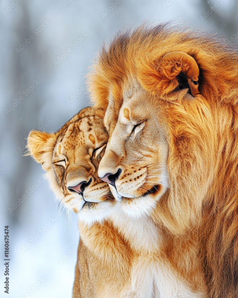Obraz premium Two lions nuzzle affectionately in a snowy environment, showcasing their bond.