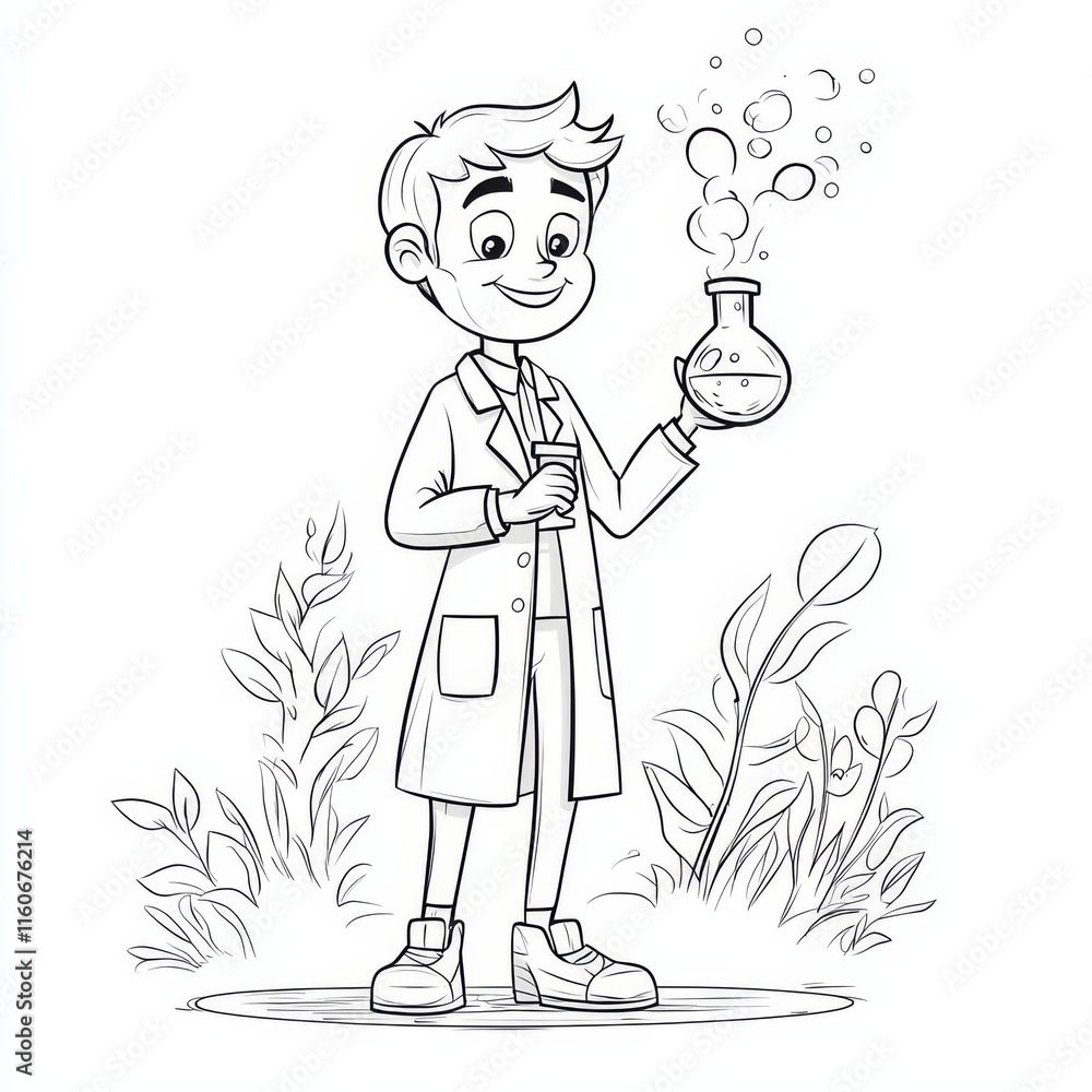 Young Scientist in Nature: A cheerful cartoon boy, dressed in a lab coat, holds a beaker with bubbling liquid, surrounded by lush greenery, depicting a child's curiosity and love for science. Young Scientist in Nature: A cheerful cartoon boy, dressed in a lab coat, holds a beaker with bubbling liquid, surrounded by lush greenery, depicting a child's curiosity and love for science.