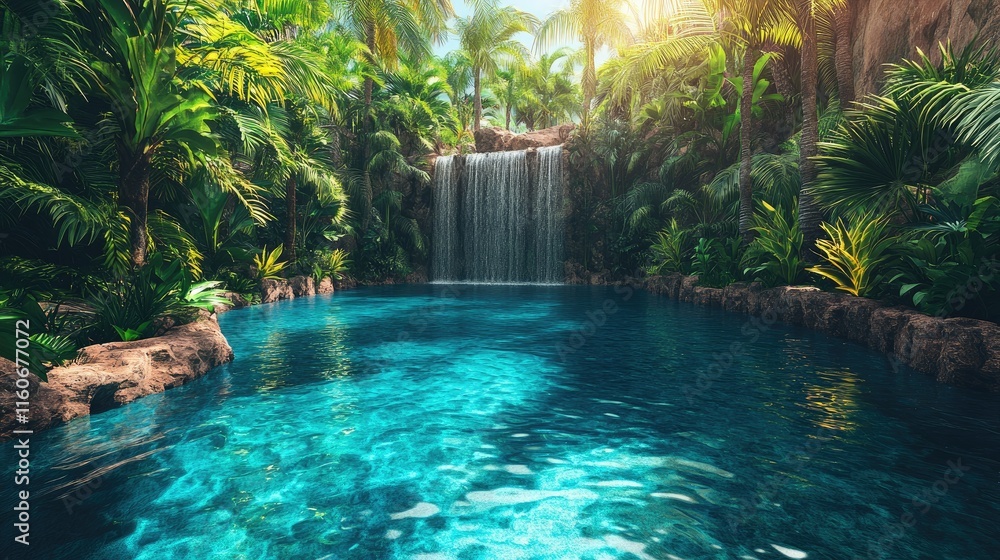Serene waterfall cascading into a tropical pool, surrounded by lush greenery. Serene waterfall cascading into a tropical pool, surrounded by lush greenery.