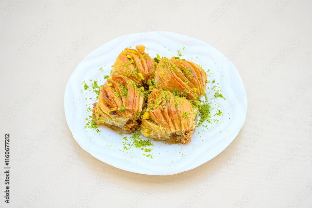 Turkish Dessert Sobiyet, havuc dilimi, midye baklava, mussels baklava and classic baklava with Pistachio . Cikolatali cevizli, fistikli soguk Baklava, top view. Turkish Dessert Sobiyet, havuc dilimi, midye baklava, mussels baklava and classic baklava with Pistachio . Cikolatali cevizli, fistikli soguk Baklava, top view.