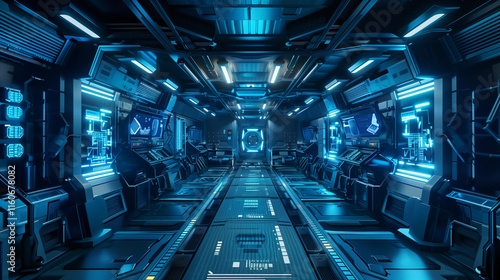 3d modern neon lights background inside of spaceship like photo