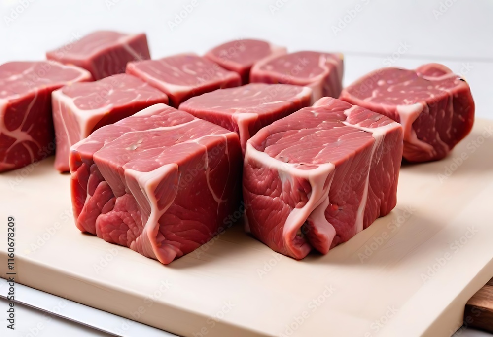 Fresh raw beef slices for goulash on wooden kitchen cutting board Fresh raw beef slices for goulash on wooden kitchen cutting board