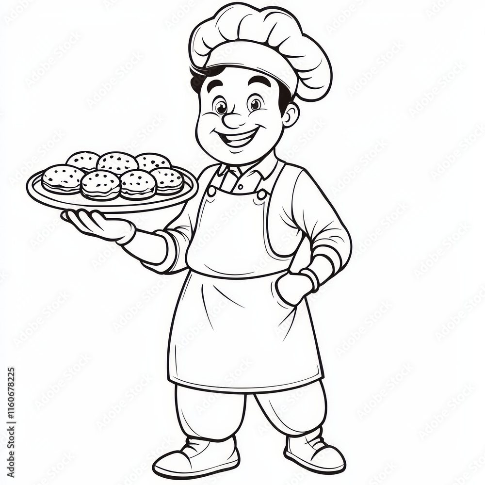 Smiling Baker with Cookies: A cheerful cartoon baker proudly presents a tray of freshly baked cookies, radiating warmth and inviting deliciousness. Smiling Baker with Cookies: A cheerful cartoon baker proudly presents a tray of freshly baked cookies, radiating warmth and inviting deliciousness.