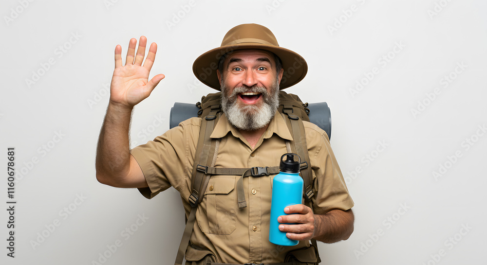 Happy Hiker Man Waving Backpack Bottle Studio Shot Happy Hiker Man Waving Backpack Bottle Studio Shot