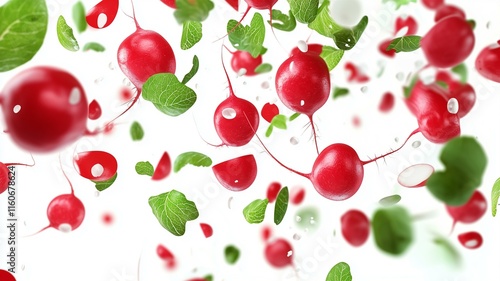 Photorealistic close-up of vibrant red radishes with green leaves floating on white background
