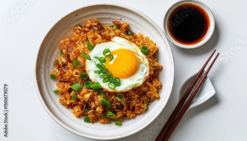 Delicious Korean Bokkeumbap with Kimchi and Fried Egg on Top, Perfect for Food Lovers photo