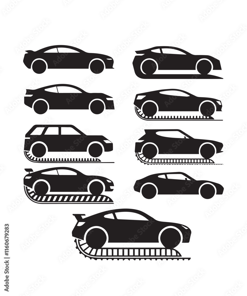Black Solid Car Icons with Convertible Models and Distinct Roof Styles Black Solid Car Icons with Convertible Models and Distinct Roof Styles