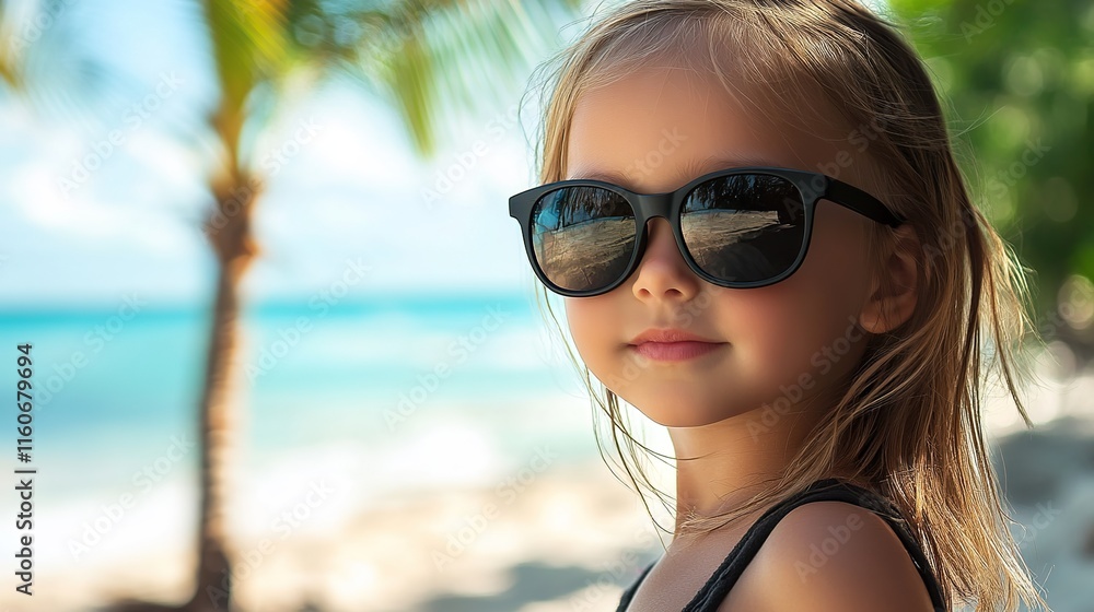 Smiling girl in sunglasses enjoying sunny beach holiday, wearing bikini and surrounded by ocean, sun and pleasant atmosphere Smiling girl in sunglasses enjoying sunny beach holiday, wearing bikini and surrounded by ocean, sun and pleasant atmosphere