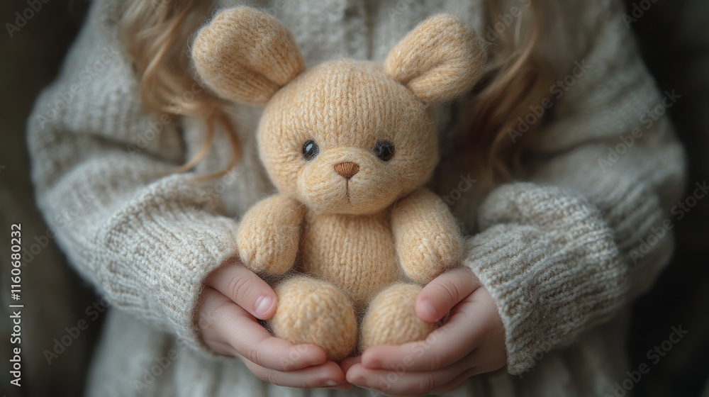 Fototapeta premium Child holding a soft teddy bear while sitting indoors in cozy sweater