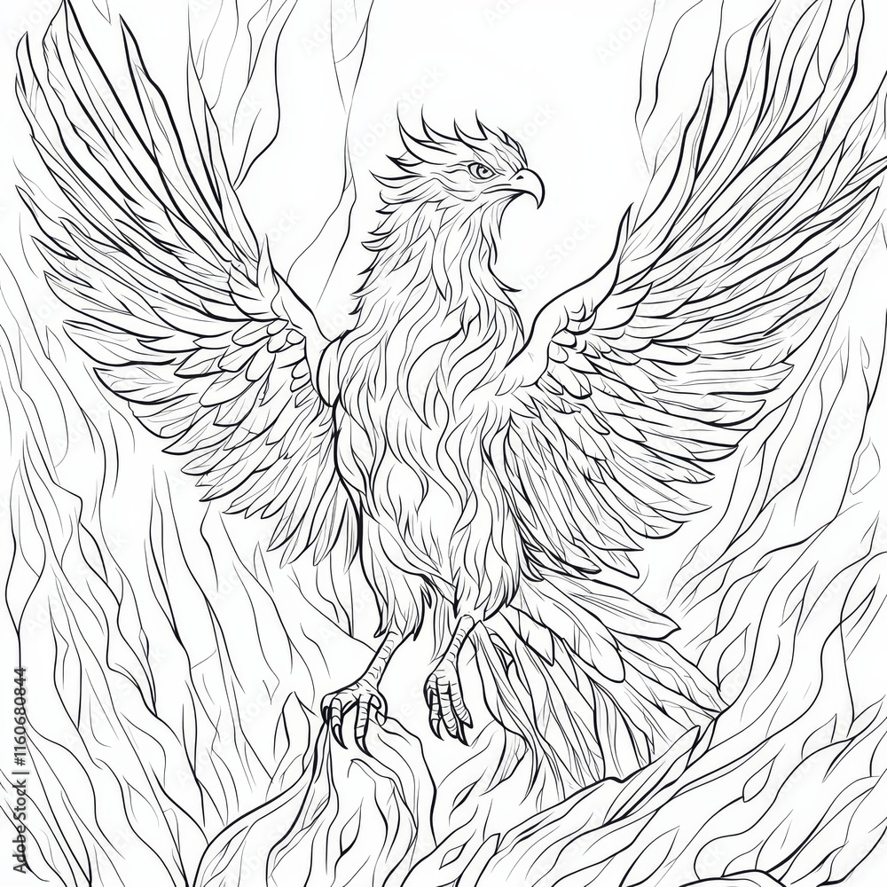 Naklejka premium Majestic Eagle in Flight: Line art drawing of a powerful eagle taking flight from a rocky terrain, wings outstretched in a dynamic pose. Perfect for coloring books, fantasy art.