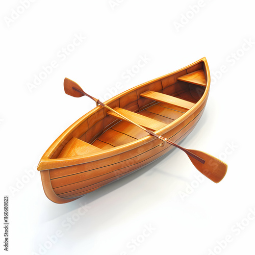 Wooden Rowboat Isolated on White Background with Oars