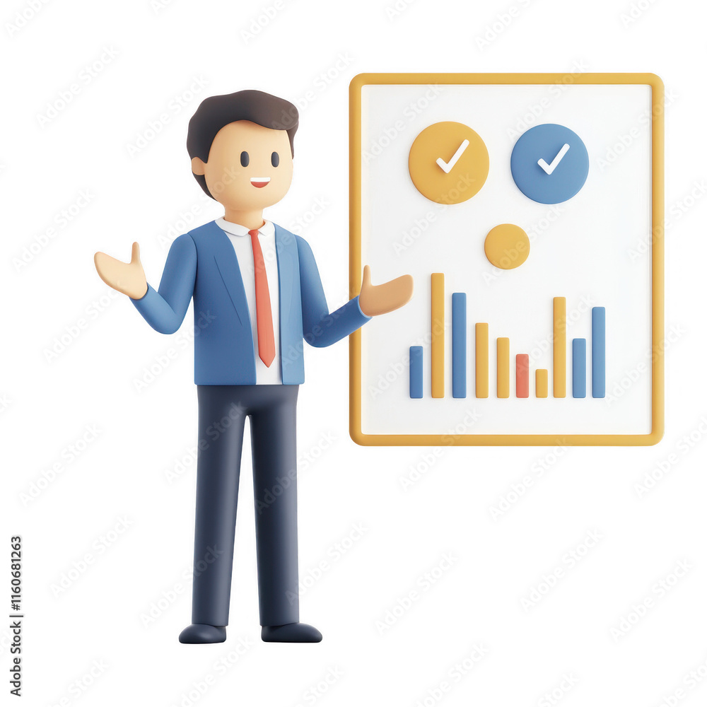 Professional man presenting data and statistics with graphs and checkmarks., isolated on a transparent background. Professional man presenting data and statistics with graphs and checkmarks., isolated on a transparent background.