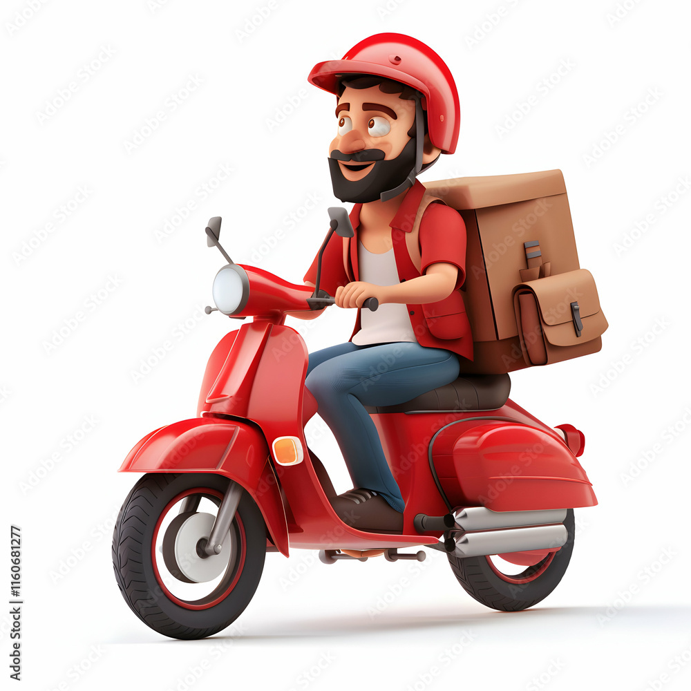 Cartoon Delivery Rider on Red Scooter with Brown Package in Tote Cartoon Delivery Rider on Red Scooter with Brown Package in Tote