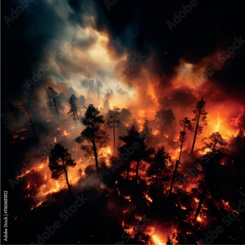 Fire in the forest top view illustration generation AI. Catastrophic forest fire. The forest is burning, trees are burning, storm, smoke over the forest.