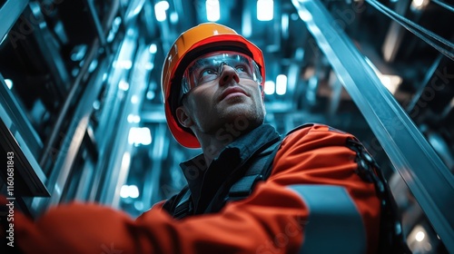 An elevator mechanic inspecting cables in a high-rise building shaft, highlighting precision and safety in industrial maintenance work.